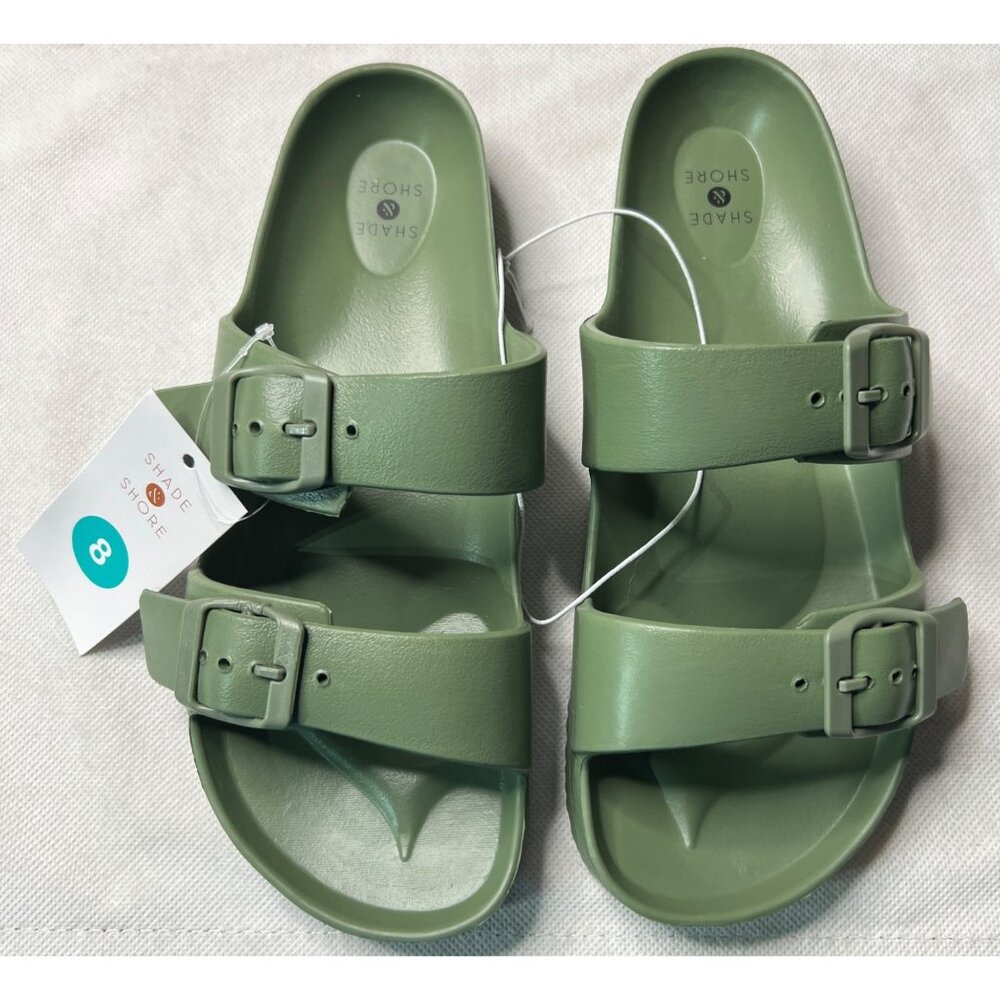 Shade & Shore Green Slide Sandals Size 8 Comfort Double Strap Adjustable Buckles